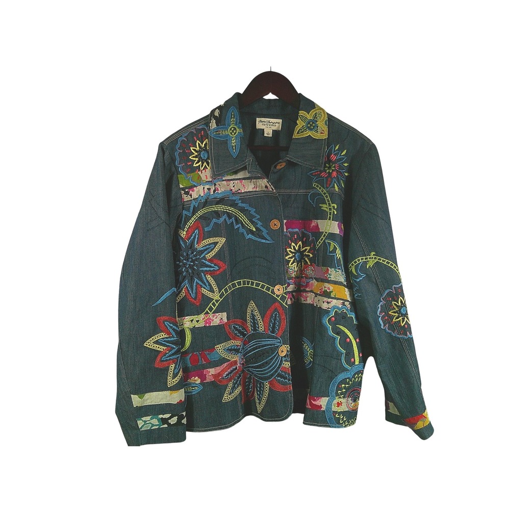 Nomi Thompson Embroidered Patchwork Denim Jacket Multicolor Floral Appliqué L